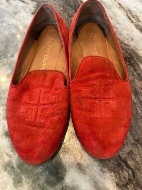 Tory Burch Red Suede Embroidered Logo Loafers size 6.5 have stains wear
